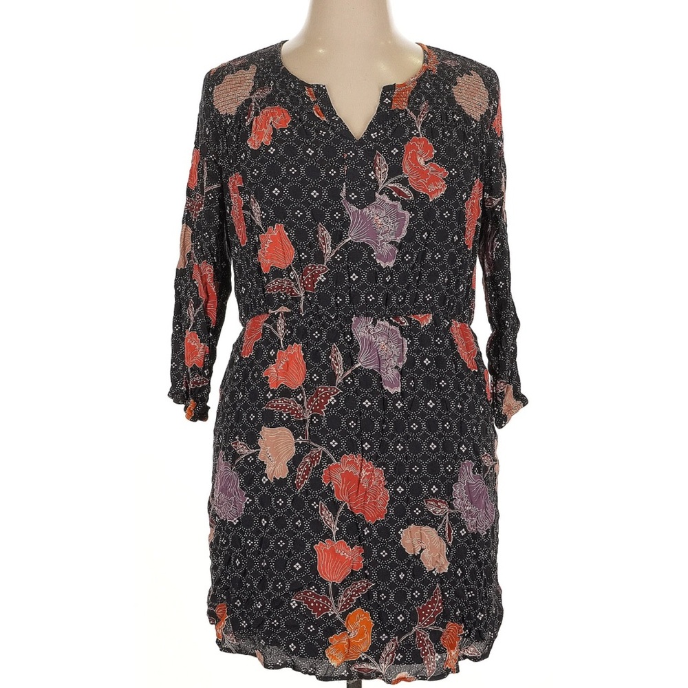 EUC: Sz XS Navy Blue Floral Print Long Sleeve Dress with Red and Purple Accents